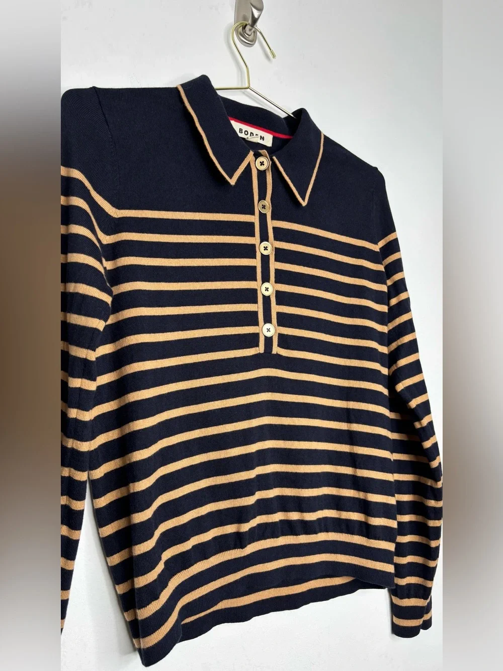 Boden Liz Henley Jumper Navy Camel Stripe Gold Button Knit Sweater Size M